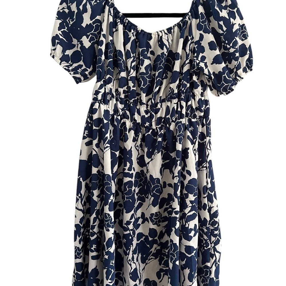 SHEIN Blue and White Smocked Midi Dress with Puff Sleeves